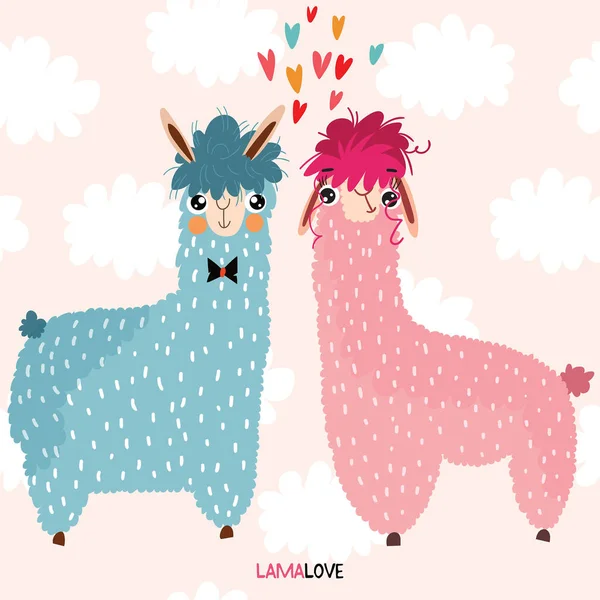 Lamalove- tarjeta encantadora con Llamas lindo . — Archivo Imágenes Vectoriales