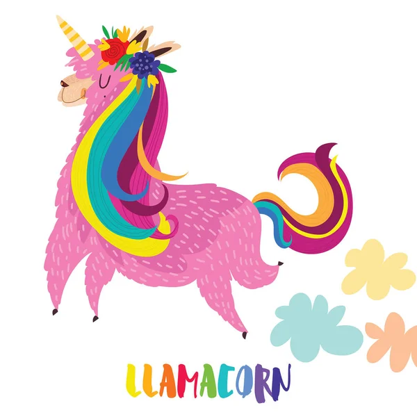 Llamacorn - смешная иллюстрация вектора персонажа мультфильма . — стоковый вектор