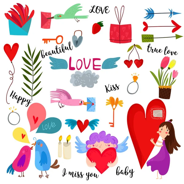 Collezione Love: frecce, fiori, etichette, alloro, cuori, uccelli , — Vettoriale Stock