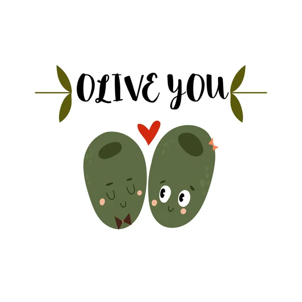 Olive You.La tarjeta original de San Valentín con dos aceitunas de dibujos animados.F — Vector de stock