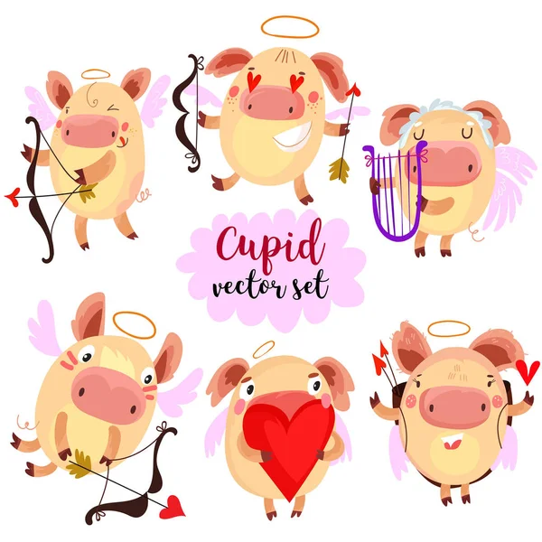 Cartoon Cupid pigs in various positions with hearts, arrows, bow — Stock Vector