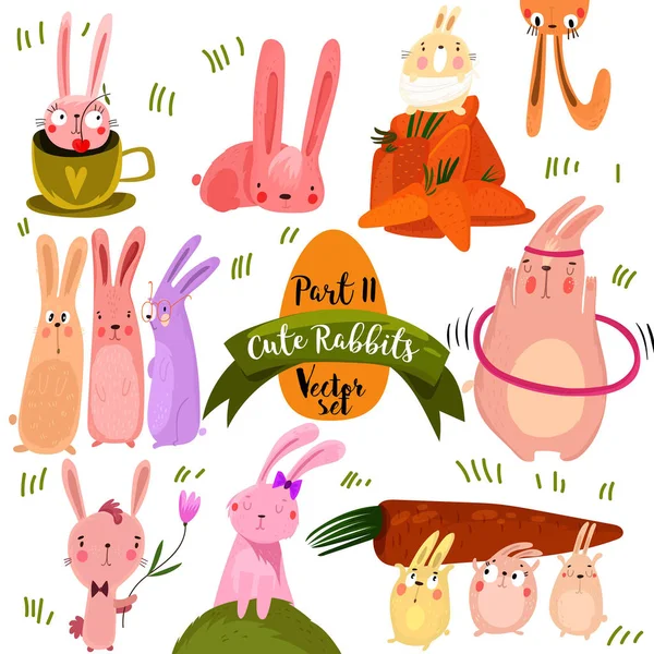 Uppsättning av söta kaniner i ljusa färger. Del 2. Rolig doodle bunn — Stock vektor
