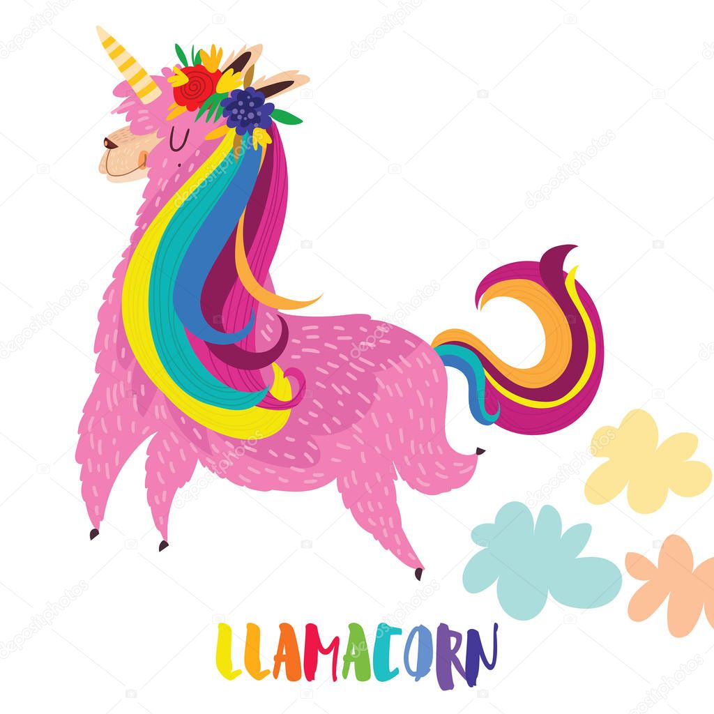 Llamacorn - funny cartoon character vector illustration.