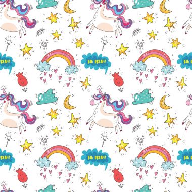 Şirin tek boynuzlu atlar, bulutlar, gökkuşağı ve yıldız ile Seamless modeli. M