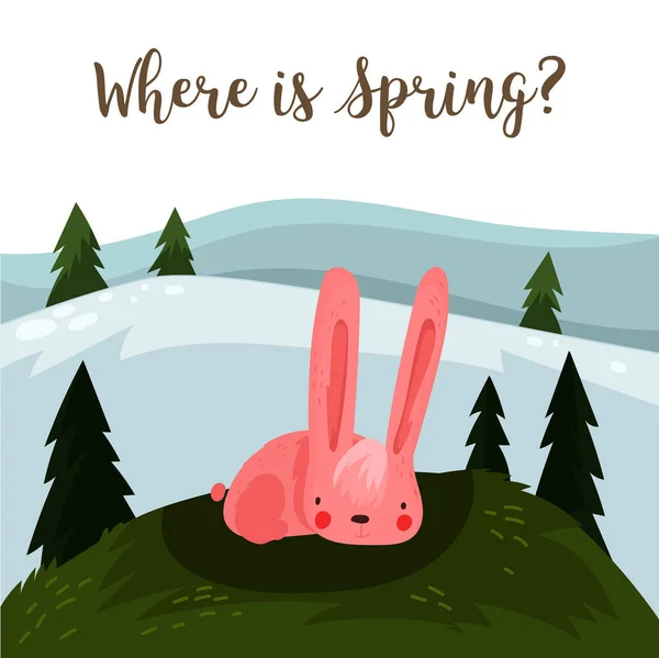 Où est le printemps ? Illustration dessinée à la main avec lapin dessin animé.Bri — Image vectorielle