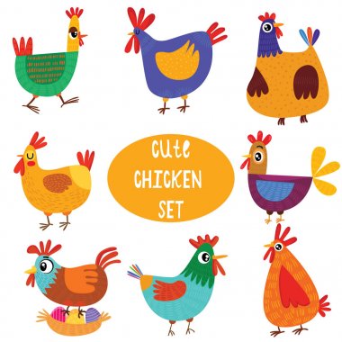 Cute cartoon chicken set. Funny characters set for your design in different poses. Colorful detailed vector Illustrations isolated on white background. clipart