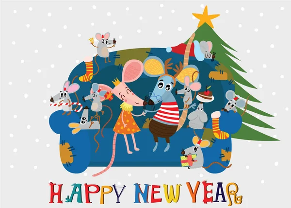 Carte Noël Avec Jolies Souris Famille Assis Sur Canapé — Image vectorielle