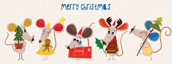 Little Mouses Vector Christmas Cartoon Collection — Stock Vector