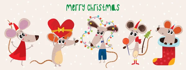 Grappige Cartoon Muizen Kerstmis Collectie Vector Grafisch — Stockvector