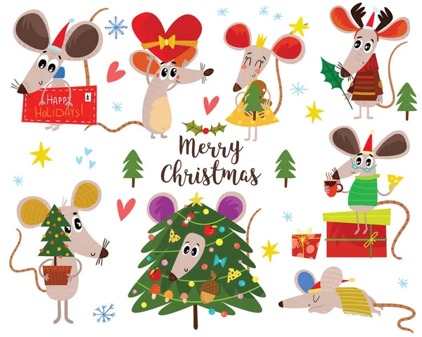 Kerst Cartoon Mouses Collectie Winter Met Hand Getekend Set Van — Stockvector