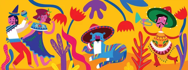 面白いメキシコの踊り 黄色の背景のイラストバナー — ストックベクタ