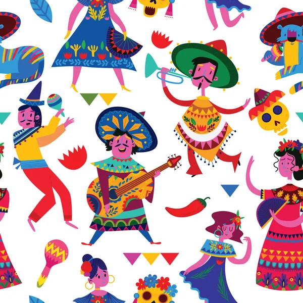Mexicanos Engraçados Dançando Sem Costura Padrão Fundo Branco —  Vetores de Stock