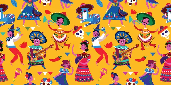 黄色の背景にメキシコの文字を踊るシームレスなパターン — ストックベクタ