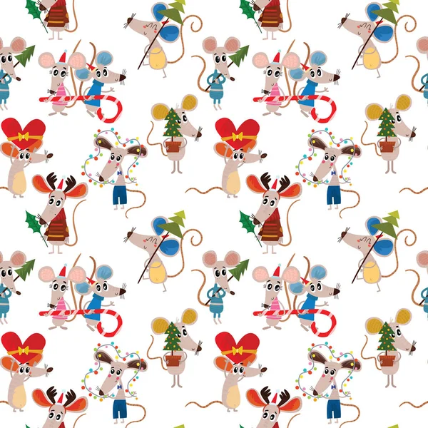 Płynny Wzór Symbolami Nowego Roku Zestaw Cute Myszy Kreskówki Daje — Wektor stockowy