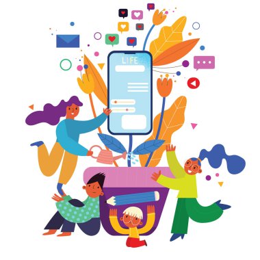 Karakterli sosyal medya kavramı. Pazarlama materyali, iş sunumu, çevrimiçi reklamcılık için yaratıcı düz vektör illüstrasyonu. Beyaz arkaplanda izole.