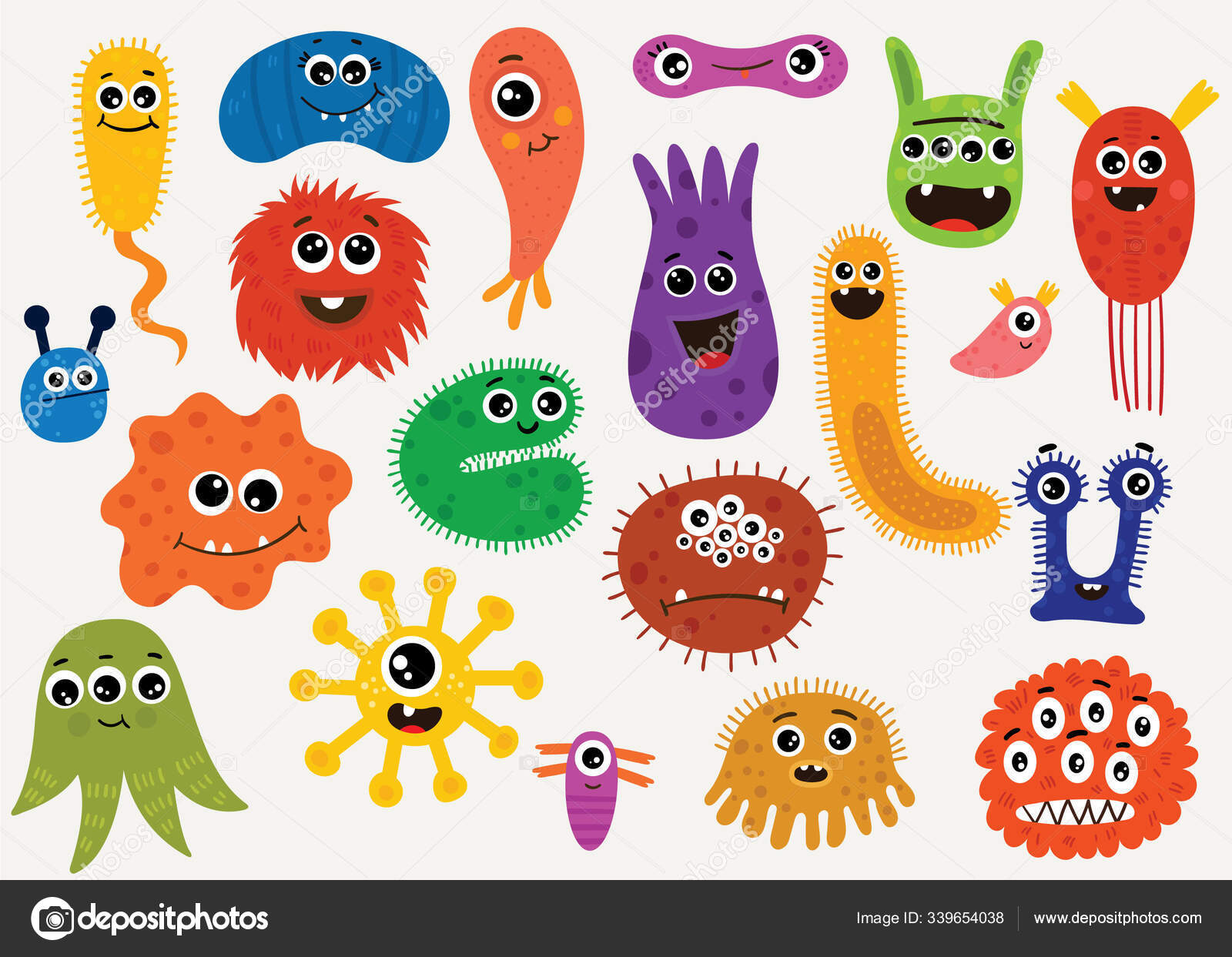 Dibujos Animados Con Diferentes Personajes Microorganismos Colección  Divertida Bacterias Protistas Vector de stock por ©ovocheva 339654038