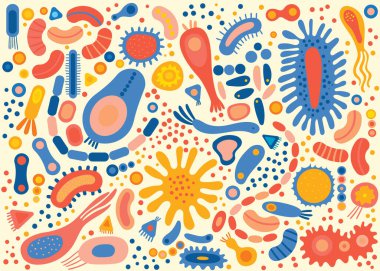 Big set with different types of microorganisms.Abstract collection of shapes microscopic viruses, bacterias, microbes, protists. Colored flat vector illustration isolated on background clipart