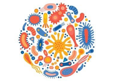 Bacterial set in a circle with different types of microorganisms.Abstract collection of shapes microscopic viruses, bacterias, microbes, protists. Colored flat vector illustration isolated on background