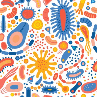 Seamless pattern with different types of microorganisms.Abstract backdrop of shapes microscopic viruses, bacterias, microbes, protists. Colored flat vector illustration isolated on white background. clipart