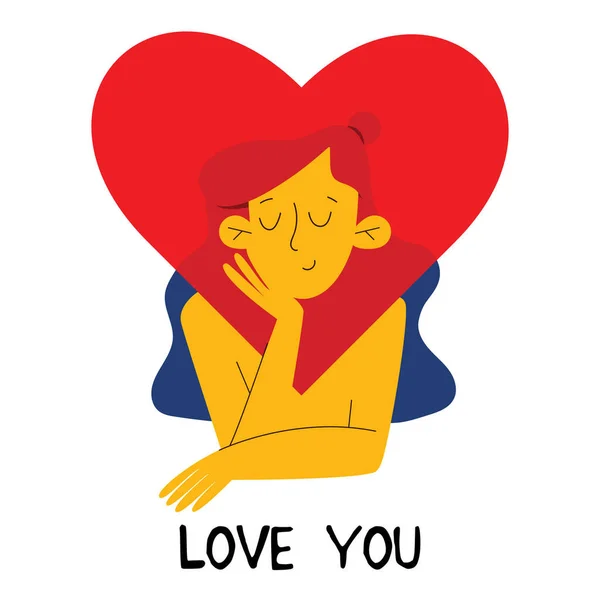 Cute Young Girl Love Cartoon Vector Illustration Valentines Day Modern — ストックベクタ