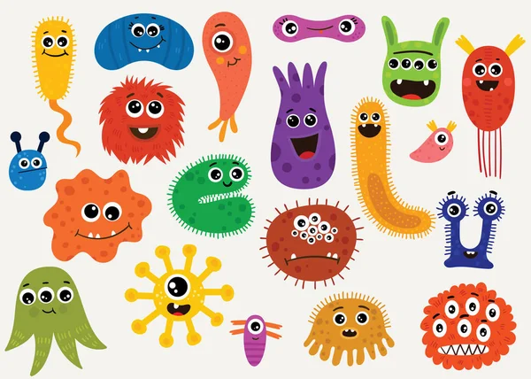 Dibujos Animados Con Diferentes Personajes Microorganismos Colección Divertida Bacterias Protistas — Vector de stock