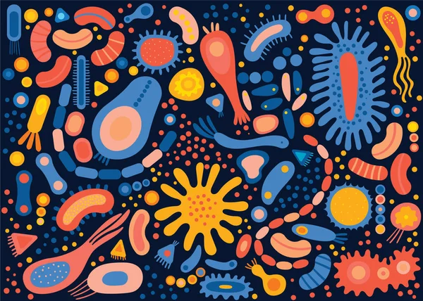 Big Set Different Types Microorganisms Abstract Collection Shapes Microscopic Viruses — Stok Vektör