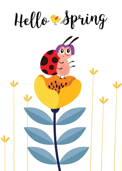 Hola Primavera Tarjeta Felicitación Con Linda Mariquita Dibujos Animados Flores — Vector de stock