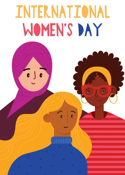 International Women Day Greeting Card Women Different Nationalities Vector Illustration — Stock Vector