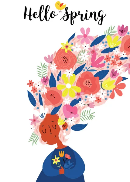 Hello Spring Greeting Card Cute Cartoon Girl Flowers Hair Use — Stock Vector