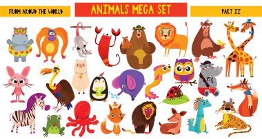 Big collection of cute cartoon animals around the world. Part II. Set of wild and woodland animals characters isolated on white background. clipart