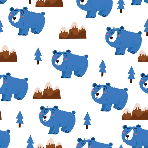 Padrão Sem Costura Bonito Com Urso Desenhos Animados Árvores Montanhas — Vetor de Stock