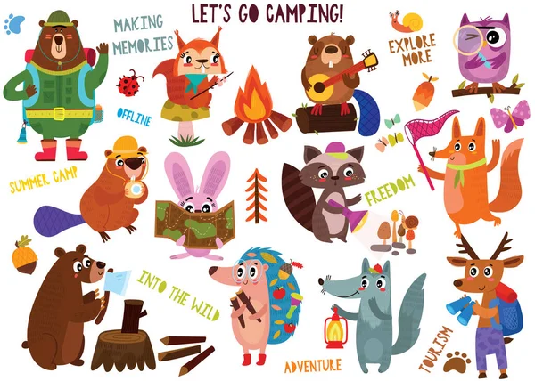 Gran Colección Animales Camping Lindo Estilo Dibujado Mano Conjunto Personajes — Vector de stock