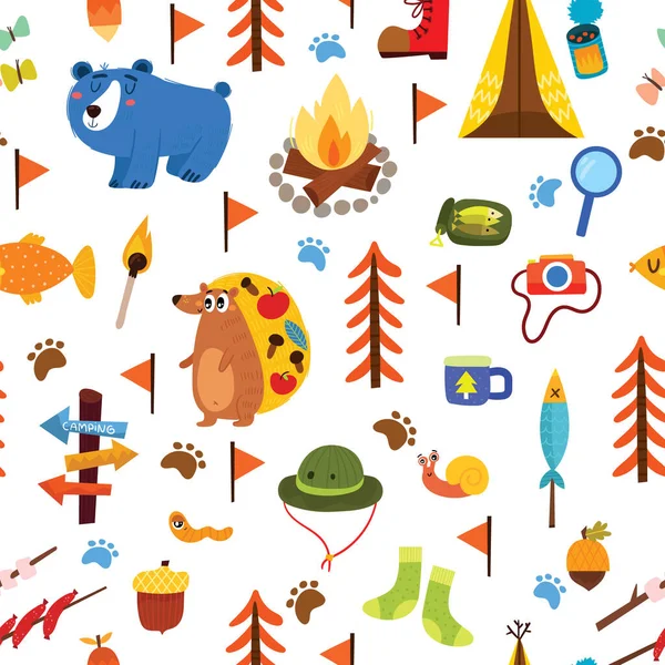 Naadloze Vector Patroon Met Cartoon Camping Apparatuur Schattige Dieren Design — Stockvector