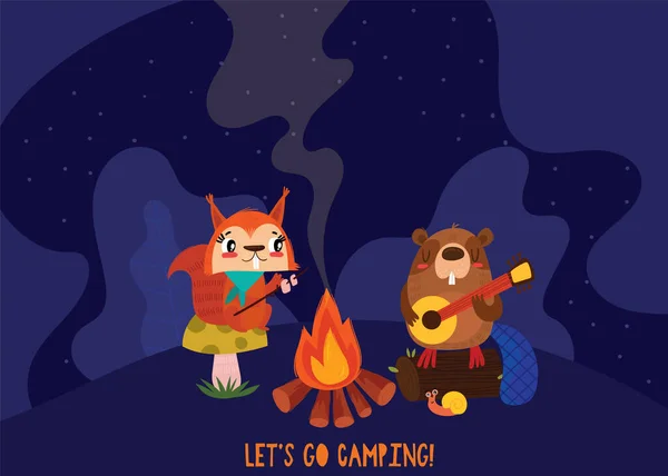 Cute Squirrel Beaver Bonfire Night Let Camping Poster Concept Vector — Stock Vector