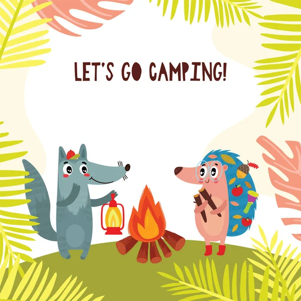 Cute Wolf Hedgehog Picnic Bonfire Let Camping Poster Concept Vector — Stock Vector