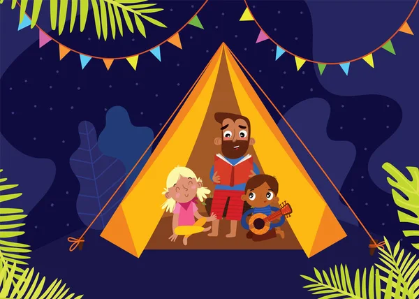 Familia Feliz Camping Padre Joven Con Niños Lindos Vamos Acampar — Archivo Imágenes Vectoriales