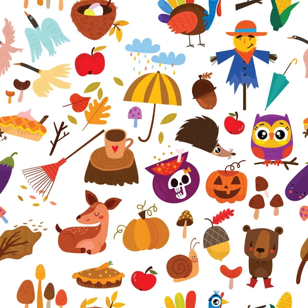 秋天无缝的图案与可爱的动物和秋天的元素 礼品包装纸 T恤衫 贺卡色彩斑斓的图案 — 图库矢量图片