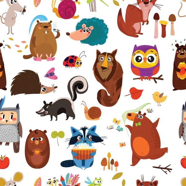 かわいい動物と森のシームレスなパターン バナー ギフト包装紙 Tシャツ グリーティングカードのためのカラフルなパターン — ストックベクタ