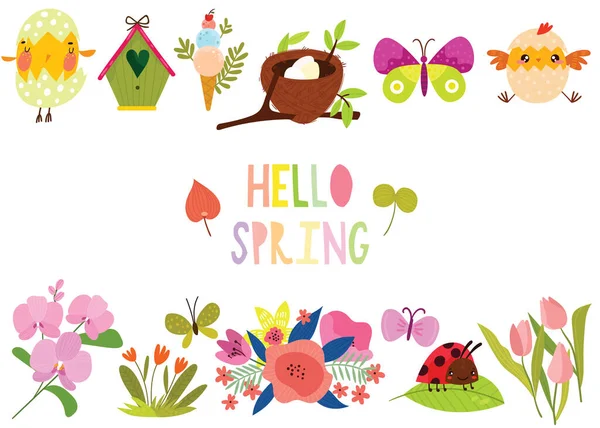 Benvenuto Striscione Primavera Sfondo Colorato Con Simpatici Animali Fiori Biglietto Illustrazione Stock