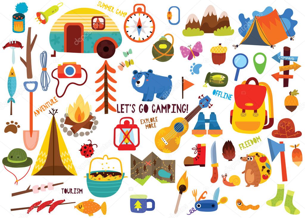 Big set of camping elements and cute animals in hand drawn style. Summer collection with camping equipment.