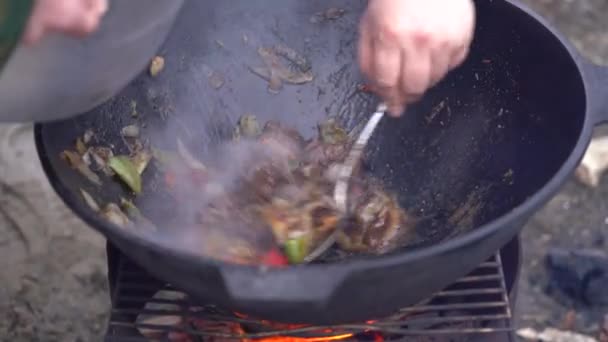 Cordeiro assado com legumes em uma panela sobre uma fogueira — Vídeo de Stock