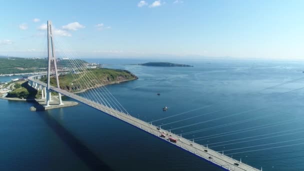 Long cable-stayed road bridge from Vladivostok to island Russkiy — Wideo stockowe