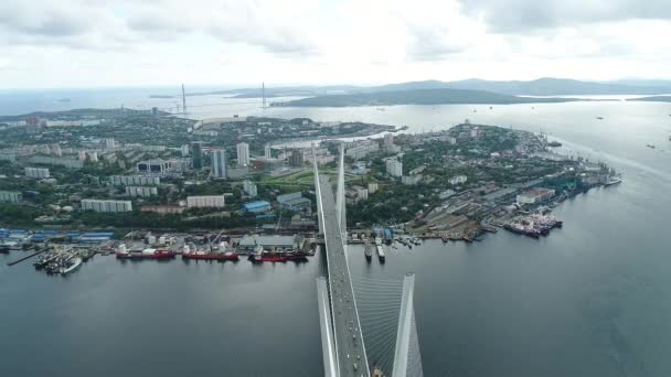 A big , white cable-stayed bridge,close-up,aerial wiev. the port of Vladivostok — ストック動画