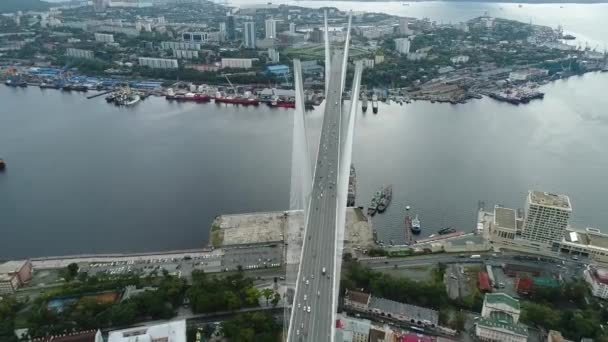 A big , white cable-stayed bridge,close-up,aerial wiev. the port of Vladivostok — Αρχείο Βίντεο