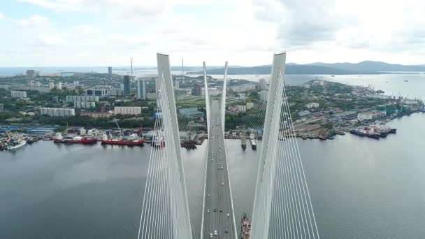 Un grande ponte bianco con cavi, primo piano, wiev aerea. il porto di Vladivostok — Video Stock