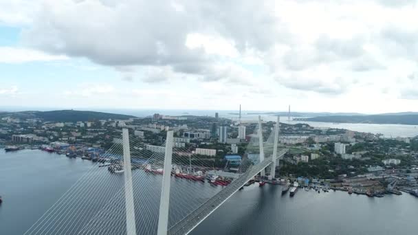 A big , white cable-stayed bridge,close-up,aerial wiev. the port of Vladivostok — ストック動画