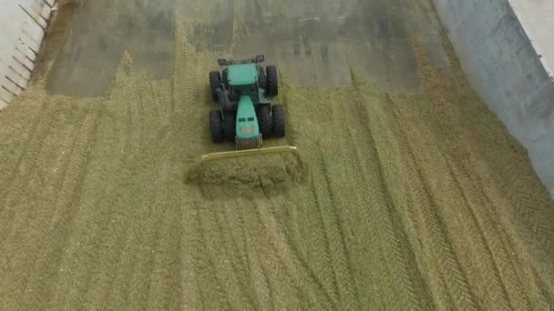 Брянск, Россия -сентябрь 2016: трактор собирает кучу свежесобранного урожая — стоковое видео