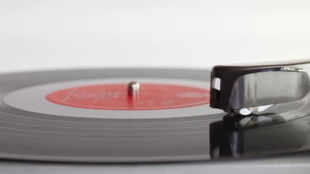Close Vinyl Record Player White Background Shallow Depth Field Focus — Stock Video