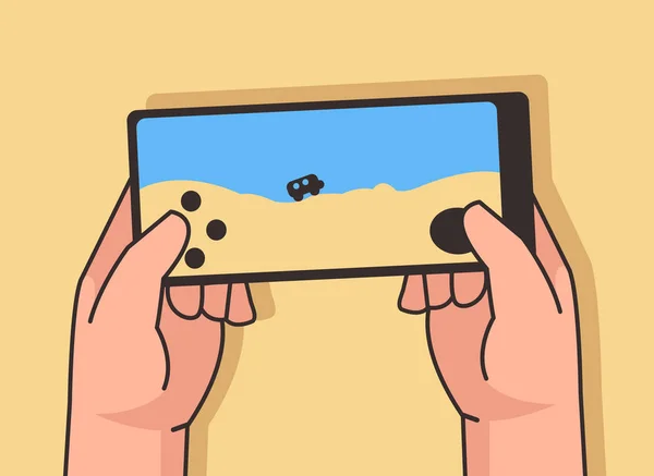 Простая Милая Иллюстрация Двух Рук Играющих Мобильные Игры Смартфоне — стоковый вектор