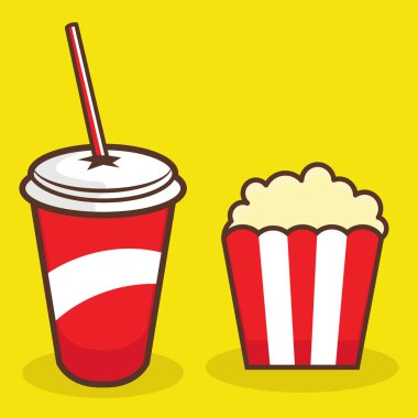 Sarı Arkaplanda Patlamış Mısır ve Hafif İçeceğin Renkli Resimleri